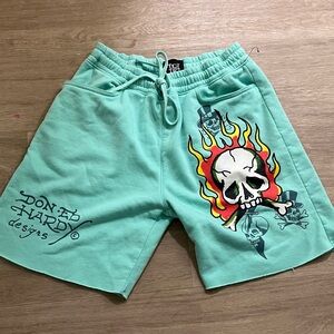 Ed Hardy Aqua Shorts with Skull and Flame Design